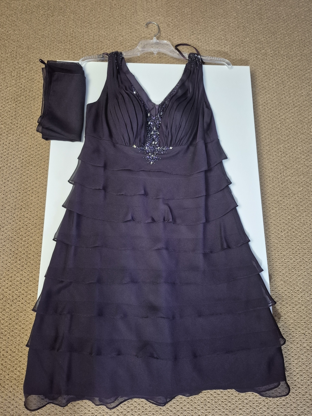 Laura Sleeveless Tiered Midi Dress with Beaded V-Neck in Deep Purple